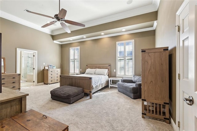 carpeted bedroom featuring ceiling fan, baseboards, ornamental molding, recessed lighting, and ensuite bath