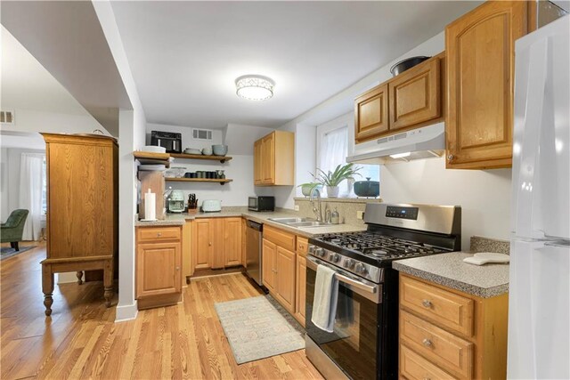 kitchen with open shelves, light wood-style flooring, appliances with stainless steel finishes, a sink, and under cabinet range hood