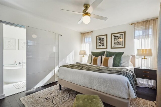 bedroom featuring a ceiling fan, multiple windows, ensuite bathroom, and wood finished floors