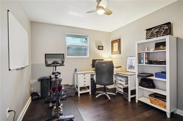 home office with ceiling fan, dark wood-style flooring, and baseboards