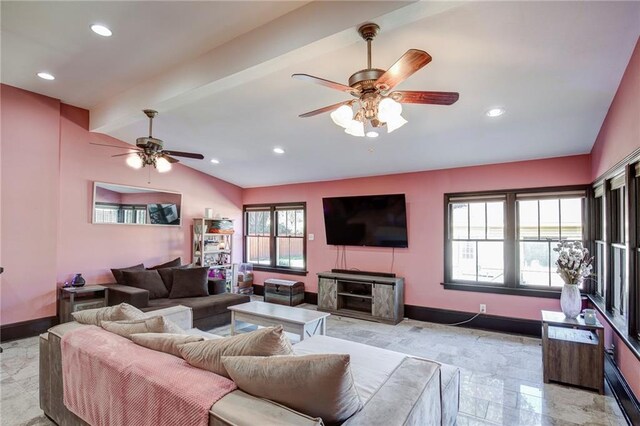 living area featuring a ceiling fan, recessed lighting, lofted ceiling with beams, and baseboards