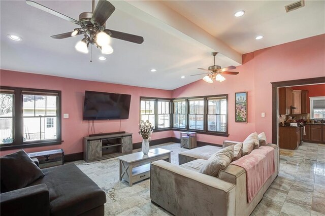 living area featuring vaulted ceiling with beams, baseboards, visible vents, and recessed lighting