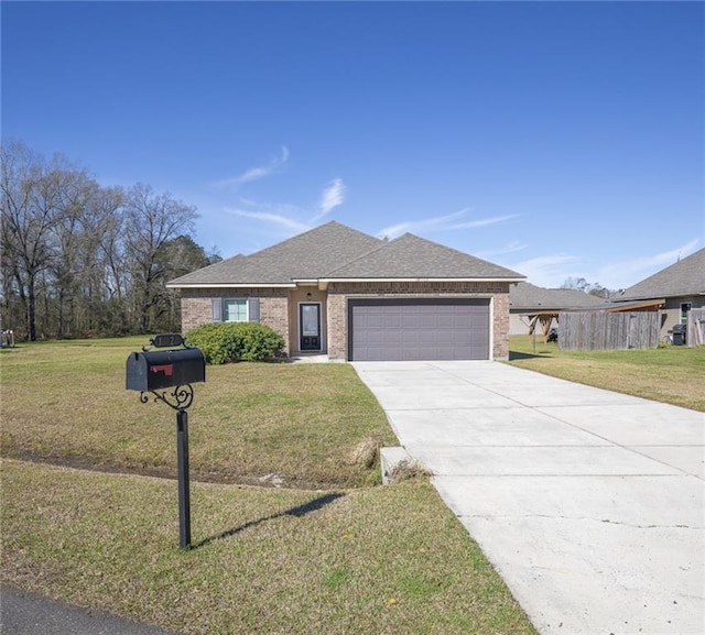 ranch-style home with a garage, brick siding, concrete driveway, roof with shingles, and a front lawn