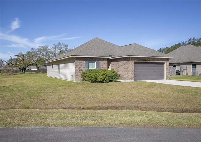 view of front facade with a garage, concrete driveway, roof with shingles, a front lawn, and brick siding