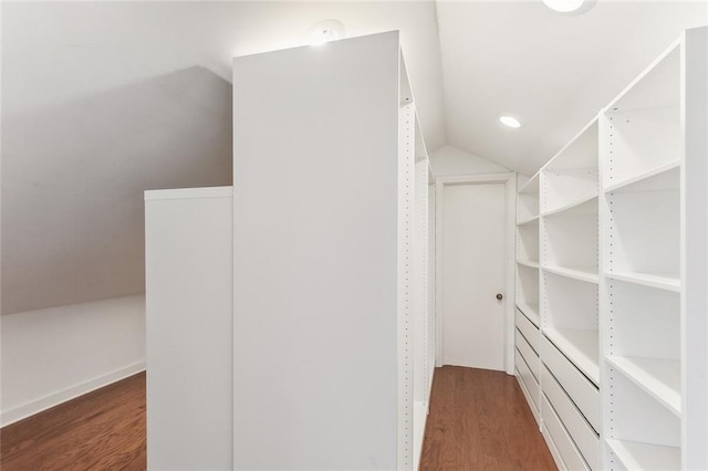 walk in closet with lofted ceiling and dark wood-style flooring