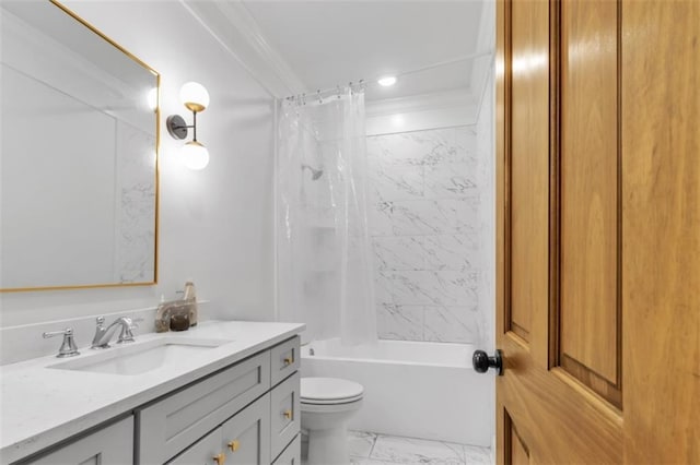 bathroom featuring toilet, ornamental molding, marble finish floor, shower / bathtub combination with curtain, and vanity