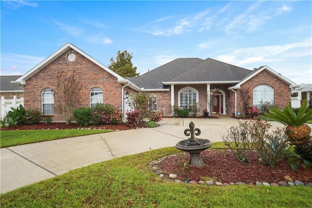 ranch-style house with concrete driveway, brick siding, fence, and a front lawn