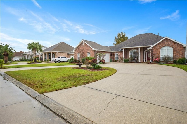 view of front facade featuring brick siding, concrete driveway, and a front yard