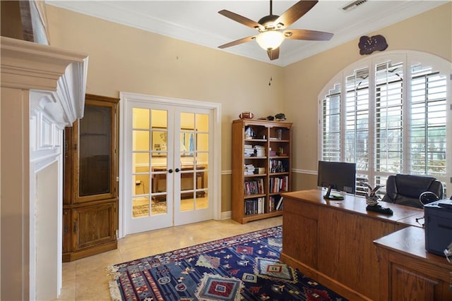 home office with light tile patterned floors, ceiling fan, visible vents, french doors, and crown molding