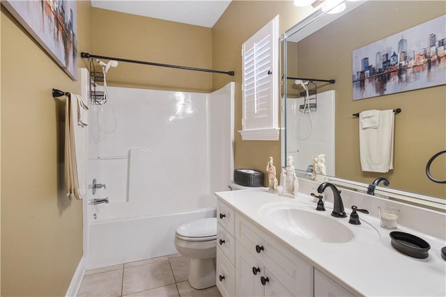 bathroom featuring vanity, shower / tub combination, tile patterned flooring, and toilet