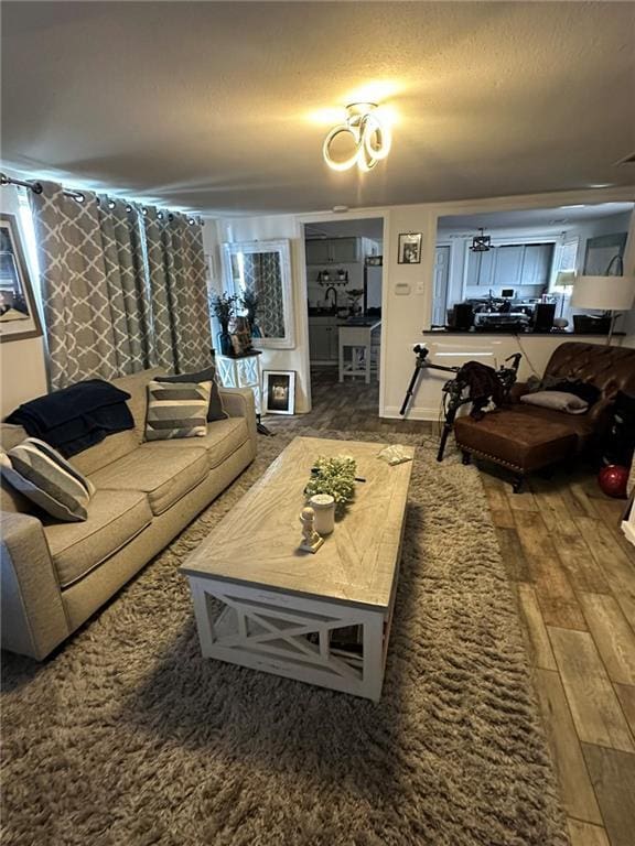 living room with wood finished floors and a textured ceiling