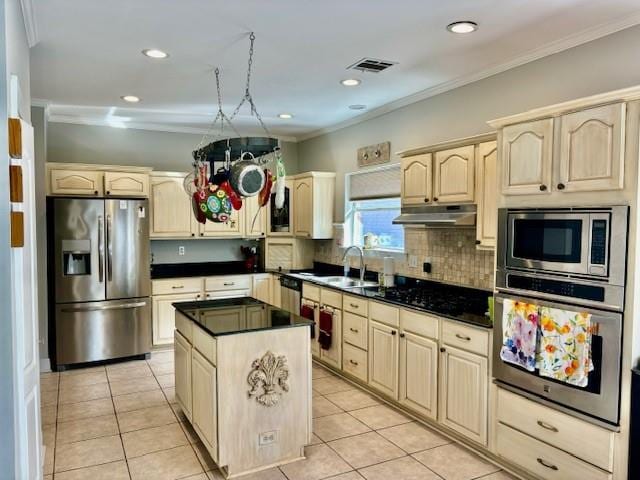209 Legrande Bayou Ln, Kenner, LA 70065 - kitchen with crown molding, appliances with stainless steel finishes, a sink, and under cabinet range hood