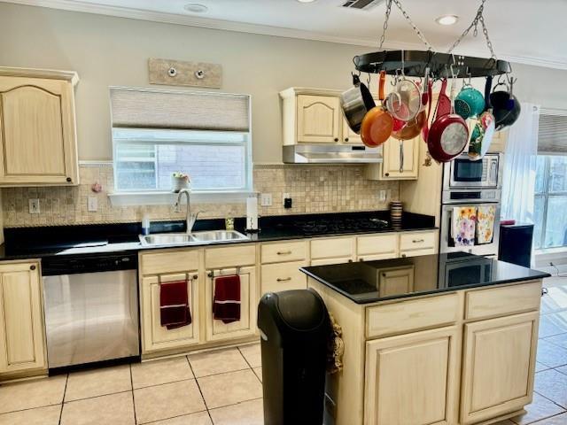 209 Legrande Bayou Ln, Kenner, LA 70065 - kitchen with crown molding, stainless steel appliances, dark countertops, a sink, and under cabinet range hood