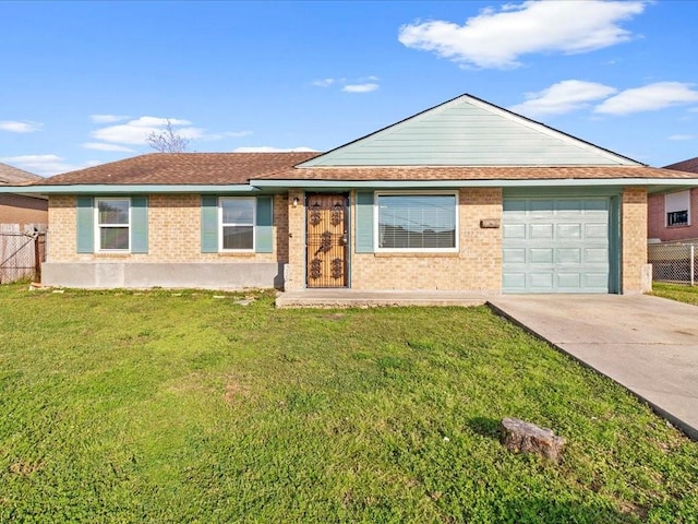 ranch-style home featuring an attached garage, brick siding, fence, concrete driveway, and a front lawn