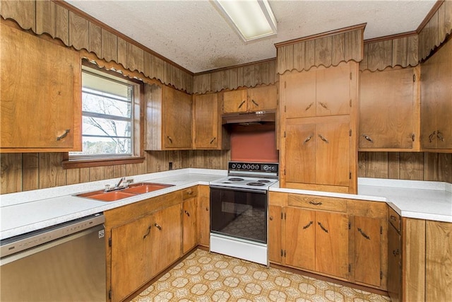kitchen with light countertops, stainless steel dishwasher, a sink, range with electric cooktop, and under cabinet range hood