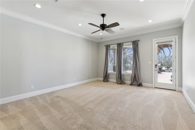 empty room with baseboards, light colored carpet, ceiling fan, crown molding, and recessed lighting