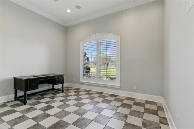 spare room featuring recessed lighting, baseboards, and ornamental molding