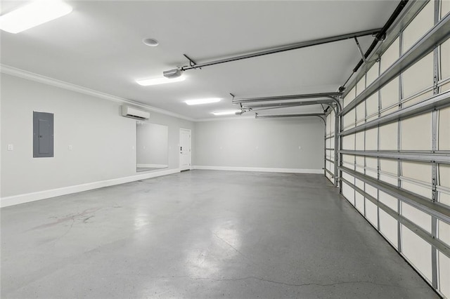 garage with a garage door opener, electric panel, baseboards, and a wall mounted AC