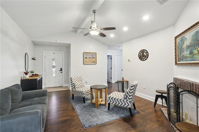 living room with baseboards, lofted ceiling with beams, wood finished floors, a fireplace, and recessed lighting