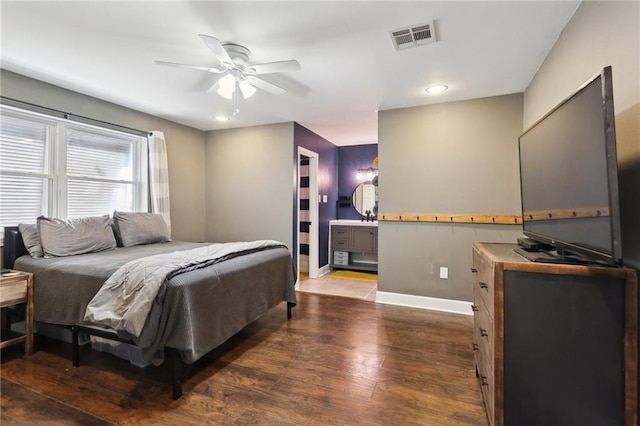 bedroom featuring recessed lighting, visible vents, ceiling fan, wood finished floors, and baseboards