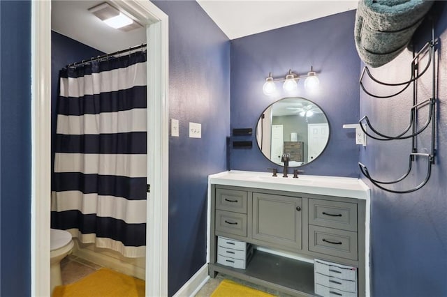 bathroom with visible vents, toilet, vanity, and a shower with curtain