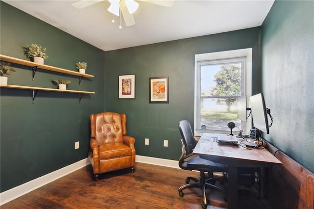 office with a ceiling fan, baseboards, and wood finished floors