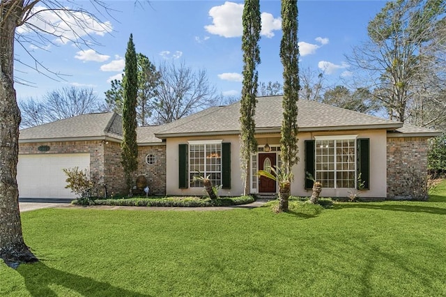 ranch-style home with brick siding, a shingled roof, a front lawn, driveway, and an attached garage