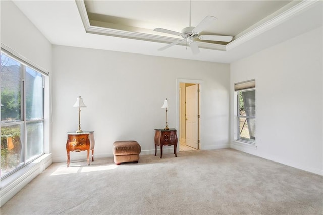 living area featuring a ceiling fan, a raised ceiling, carpet, and baseboards