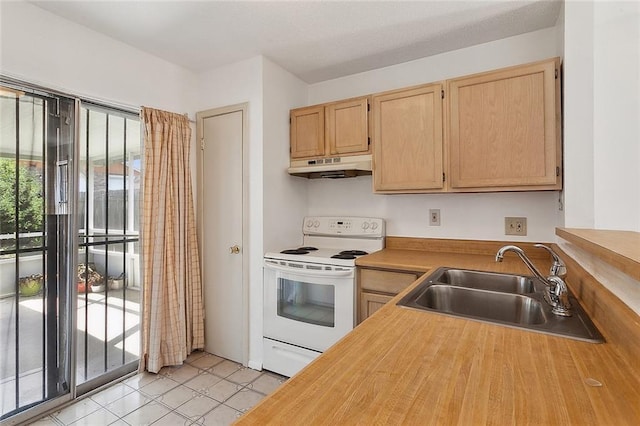 kitchen featuring light tile patterned floors, white electric range, under cabinet range hood, light brown cabinets, and a sink