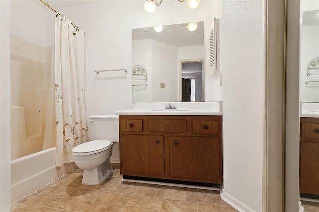 full bath featuring shower / tub combo, vanity, and toilet