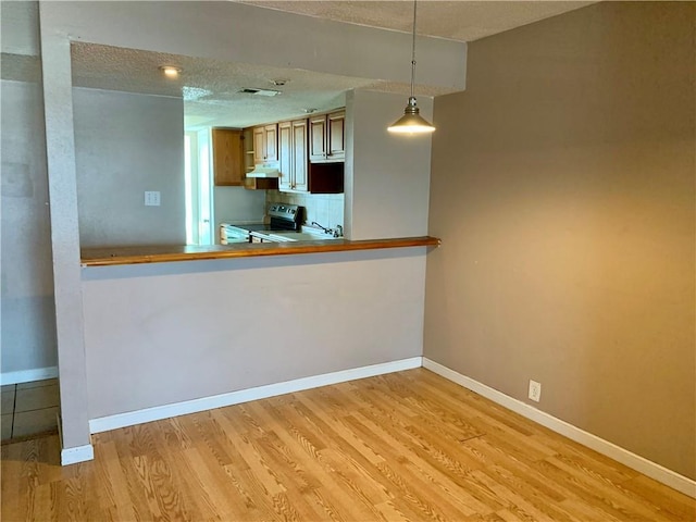 kitchen with baseboards, hanging light fixtures, stainless steel electric range, light wood-type flooring, and under cabinet range hood