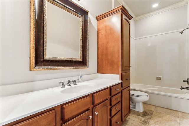 bathroom featuring toilet, shower / bath combination, crown molding, and vanity