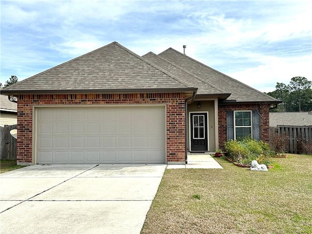 view of front of home featuring concrete driveway, roof with shingles, a front yard, and fence