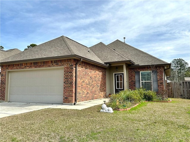 ranch-style home featuring roof with shingles, brick siding, concrete driveway, an attached garage, and a front yard