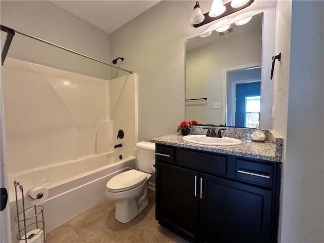 full bath featuring shower / bathtub combination, tile patterned flooring, vanity, and toilet