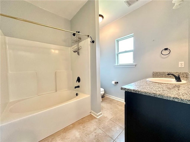 full bathroom with visible vents, toilet, vanity, tile patterned flooring, and baseboards