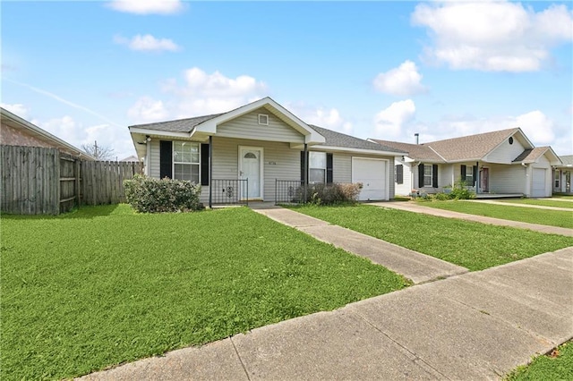 ranch-style home featuring driveway, an attached garage, covered porch, fence, and a front lawn