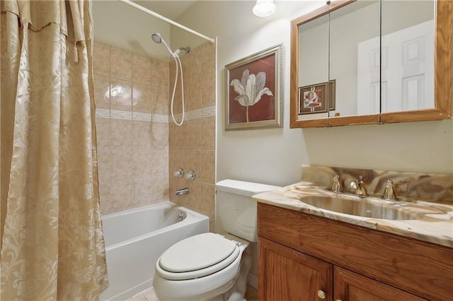 bathroom featuring vanity, toilet, and shower / tub combo with curtain