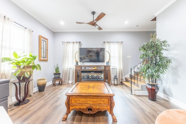 living area featuring ornamental molding, wood finished floors, and baseboards