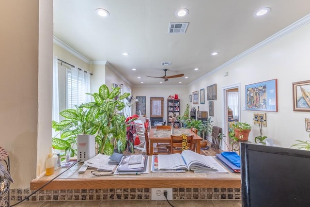 home office with recessed lighting, visible vents, and crown molding