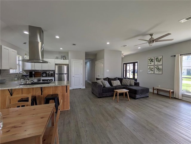 living area with recessed lighting, wood finished floors, visible vents, and a healthy amount of sunlight