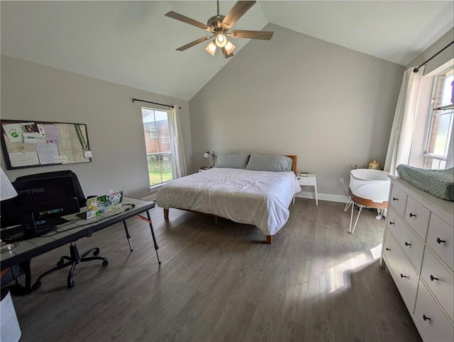 bedroom with dark wood-style floors, ceiling fan, multiple windows, and baseboards