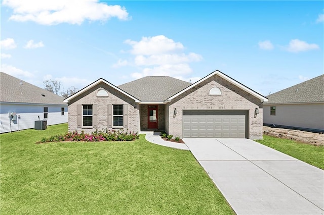 single story home with cooling unit, a garage, brick siding, concrete driveway, and a front lawn