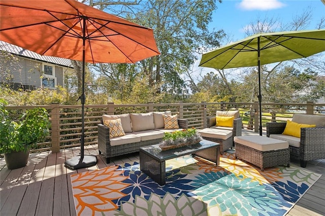 wooden deck featuring an outdoor living space