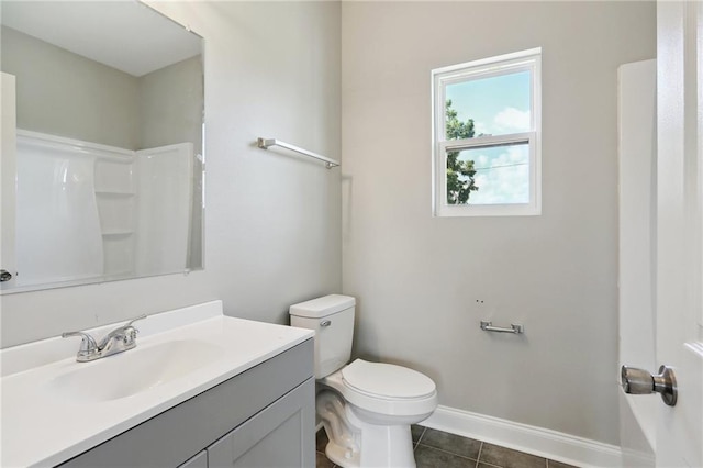 full bath featuring vanity, baseboards, tile patterned flooring, walk in shower, and toilet