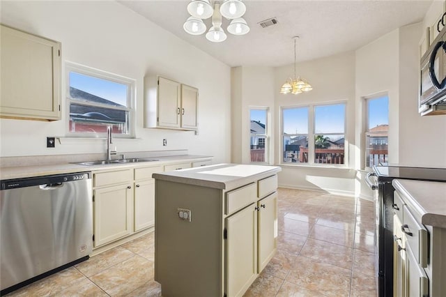 kitchen featuring electric range, a sink, stainless steel dishwasher, a center island, and an inviting chandelier