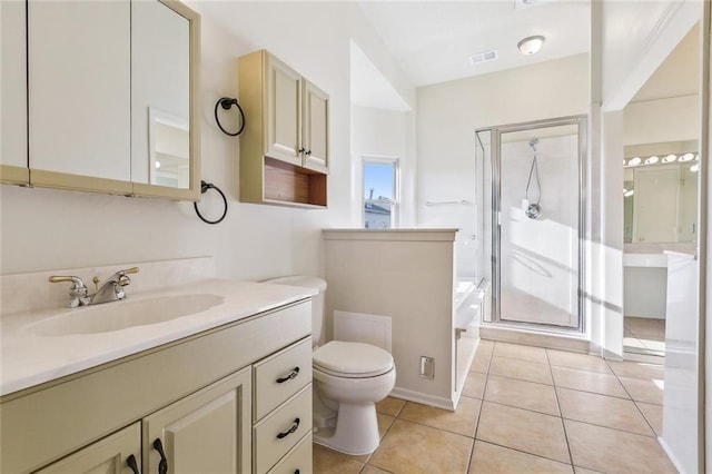 bathroom featuring visible vents, toilet, a shower stall, vanity, and tile patterned flooring