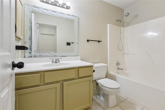 bathroom featuring toilet, tile patterned flooring,  shower combination, and vanity