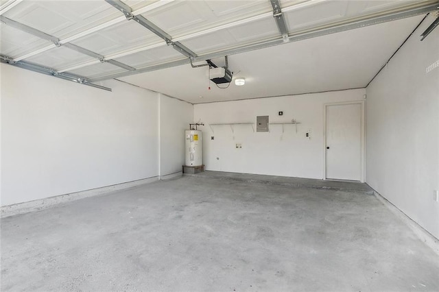 garage with electric panel, water heater, and a garage door opener