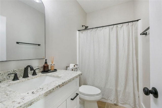 bathroom featuring toilet, curtained shower, and vanity